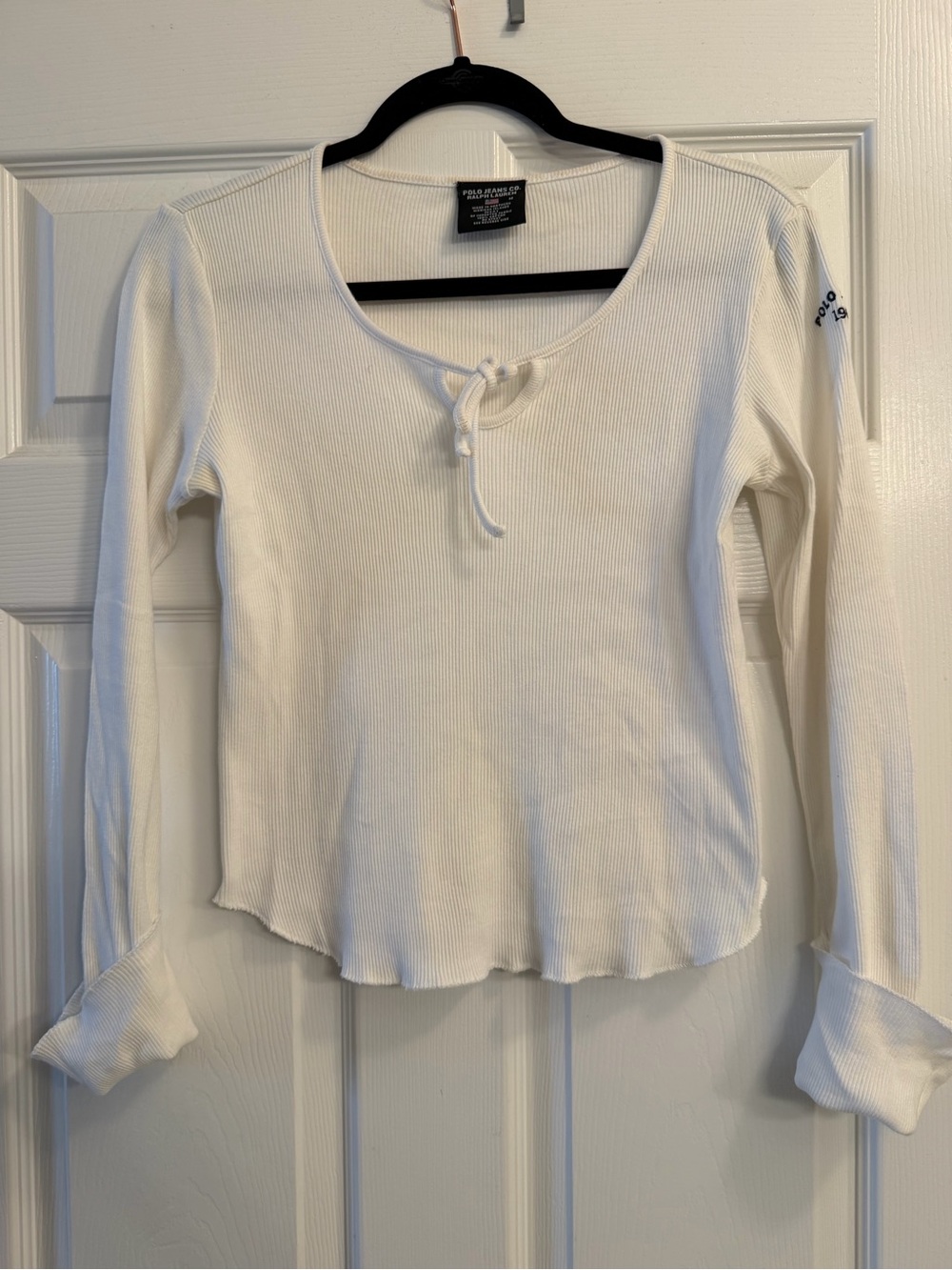 Polo by Ralph Lauren White Ribbed Long Sleeve Scoop Tie Top